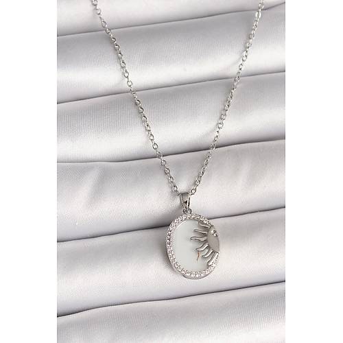 316L �elik G�m�� Renk Zincir Beyaz Mineli G�n Bat�m� Model Zirkon Ta� Detayl� Kad�n Kolye