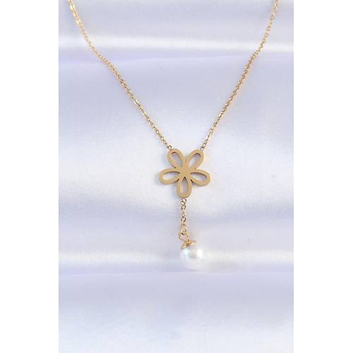 316L �elik Zincir Gold Renk �nci Detay �i�ek Kolye