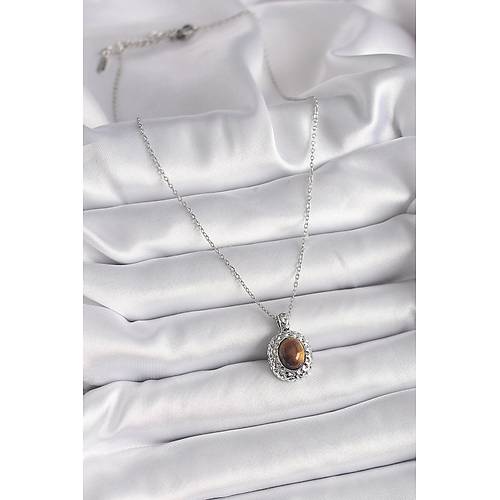 316L �elik G�m�� Renk Zincir Kehribar Boncuk Model Kad�n Kolye