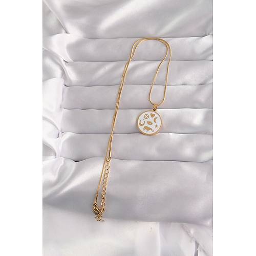 316L �elik Gold Renk Beyaz Mineli Kar���k Fig�rl� Tarot Kolye