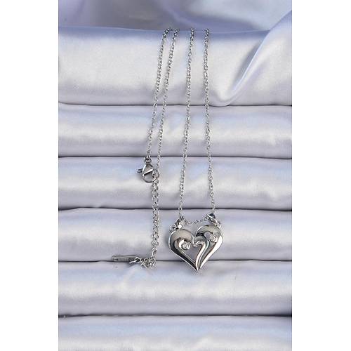 316L �elik Zincir G�m�� Renk Zirkon Ta�l� M�knat�sl� Kalp Kolye