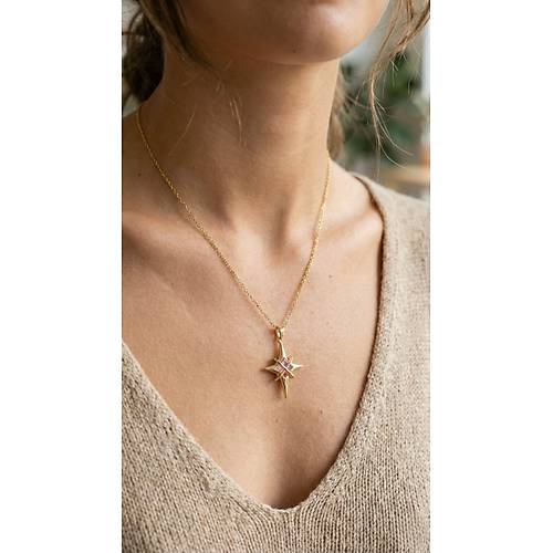 316L �elik Gold Renk Zirkon Ta�l� Kutup Y�ld�z� Model Kad�n Kolye