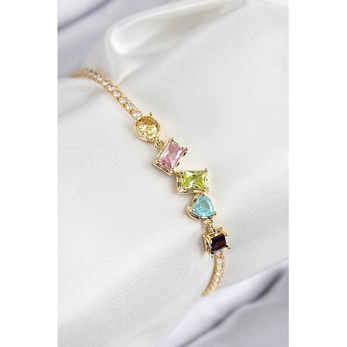Pirin� Renkli Zirkon Ta�l� Geometrik Model Gold Renk Kad�n Bileklik