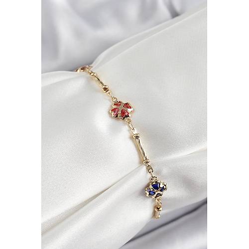 Pirin� Gold Renk Kar���k Renk Yonca Zirkon Ta�l� Kad�n Bileklik