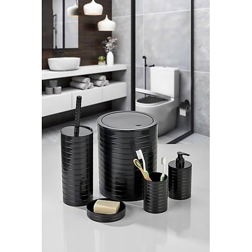 5 Par�a Yatay �izgili Siyah Banyo Tak�m�