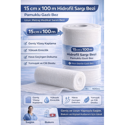 15 cm x 100 m Hidrofil Sarg� Bezi Pamuklu Gazl� Bez Uzun Metraj Medikal Sar�m Bezi