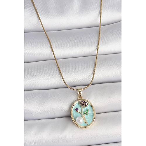 316L �elik Gold Renk Zincir Mavi �i�ek ��lemeli �nci Detay Portre Model Kad�n Kolye