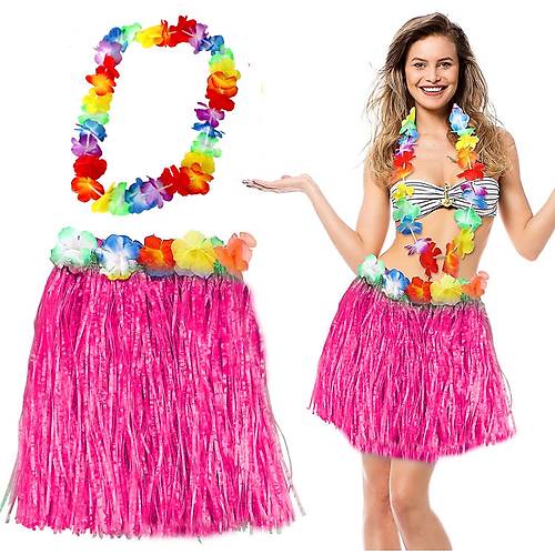 Hawaii Luau Aloha Pembe P�sk�ll� 40 cm Etek ve Hawaii Kolye Seti