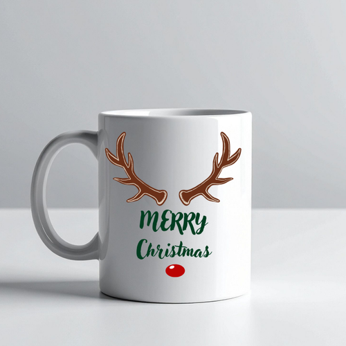 Merry Christmas Yaz�l� Geyik Boynuzlu Y�lba�� Kupas� Model 212 Bask�l� Seramik Kahve Kupas�