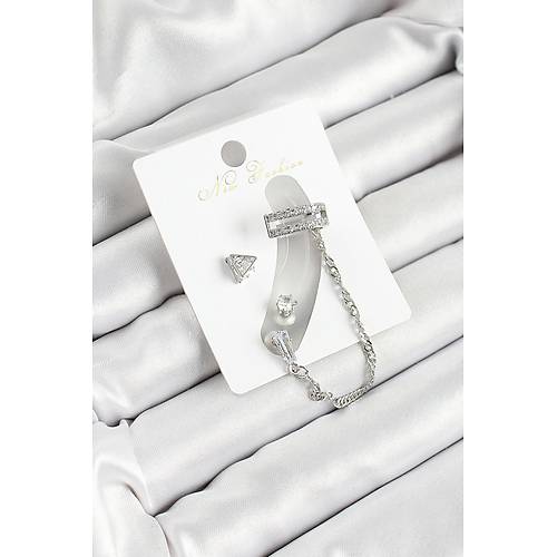 Pirin� ��gen Fig�rl� Zirkon Ta�l� G�m�� Renk 3'l� K�k�rdak Kad�n K�pe Set