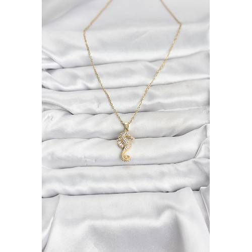 316L �elik Zincir Gold Renk Deniz At� Model Zirkon Ta�l� Kad�n Kolye