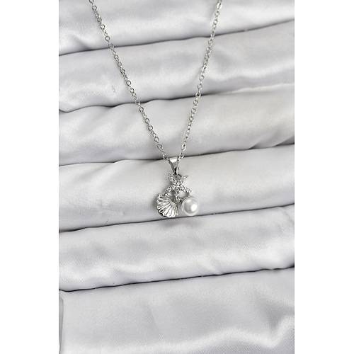 316L �elik Zincir G�m�� Renk Deniz Kabu�u ve Deniz Y�ld�z� Model Zirkon Ta�l� Kad�n Kolye