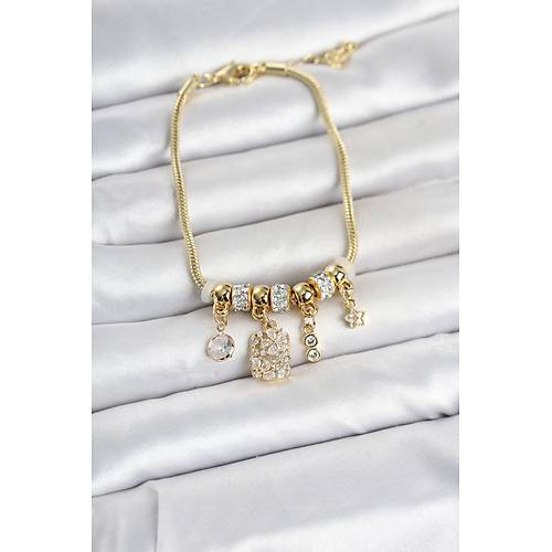 Pirin� Gold Renk �i�ek Detayl� Charml� Kad�n Bileklik