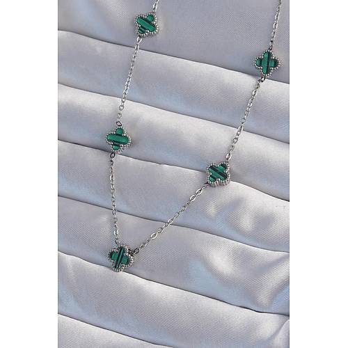 316L �elik G�m�� Renk Minimal Ye�il Mineli Yonca Kolye