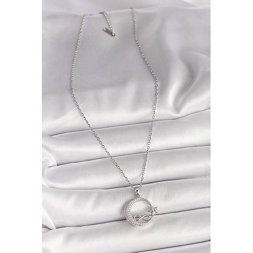 316L �elik G�m�� Renk Zincir Zirkon Ta�l� Ay Y�ld�z Model Sonsuzluk Detay Kad�n Kolye