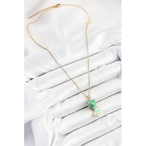316L �elik Zincir Ye�il Bal�k Model Gold Renk Kad�n Kolye