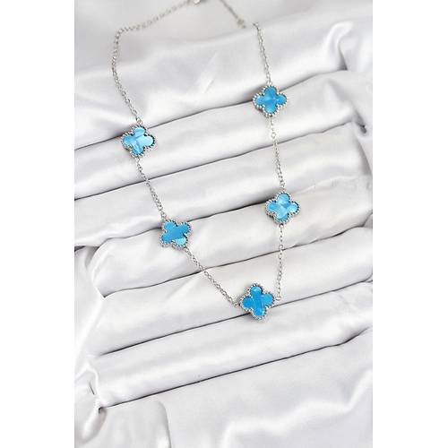 316L �elik Zincir G�m�� Buz Mavisi Renk Yonca Kad�n Kolye