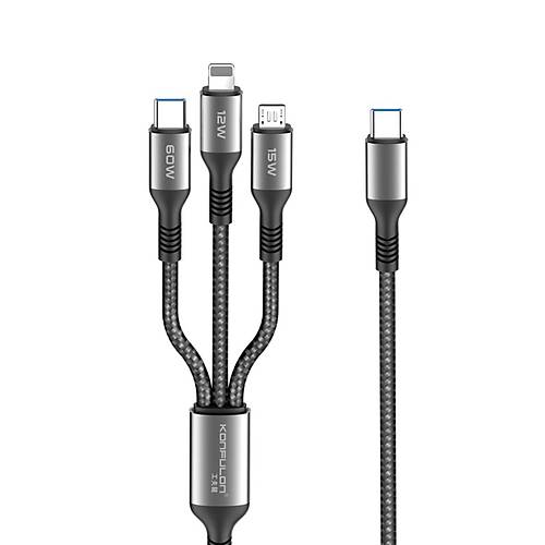 DC62 3in1 Type-C to 60W Type-C / 12W Lightning / 15W Micro 1.2M H�zl� �arj Kablo - Siyah