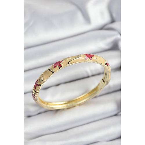 Mineli Pirin� Pembe Ve Krem �i�ek Motifli Gold Renk Kad�n Kelep�e