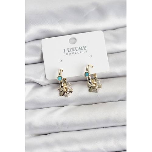 Mavi Ta� Detayl� Pirin� Gold Renk Kad�n G��men K�pesi