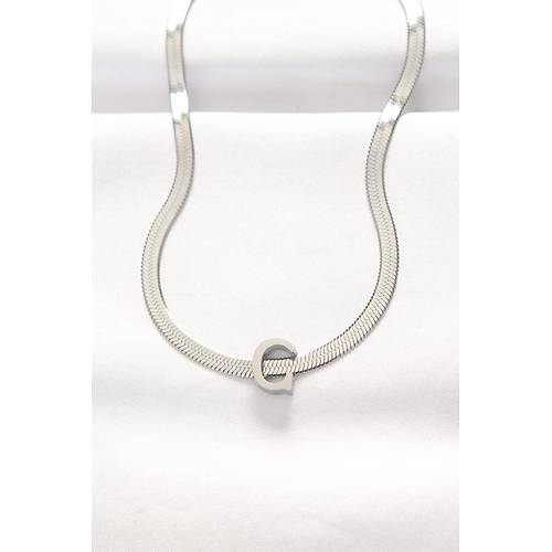 316L �elik C Harfli Silver Renk �talyan Zincirli Kolye