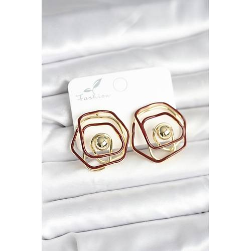 Pirin� Gold Renk Bordo Mineli Geometrik G�l Model Kad�n K�pe