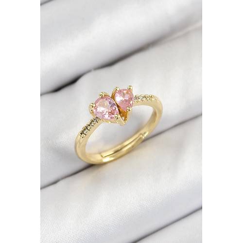 Pirin� Zirkon Ta�l� Pembe Kalp Model Gold Renk Kad�n Y�z�k