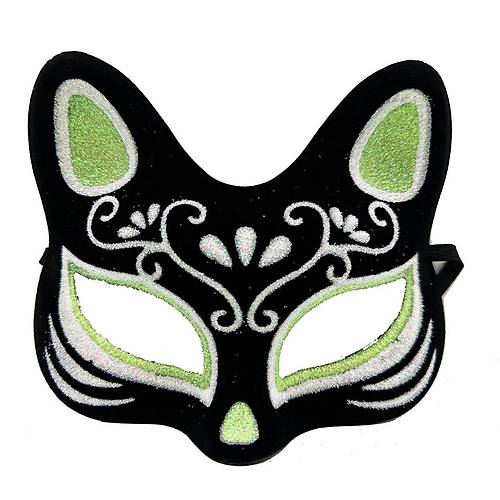 Siyah Renk S�et Kaplama �zeri G�m�� Ye�il Simli Kedi Maskesi 17x14 cm