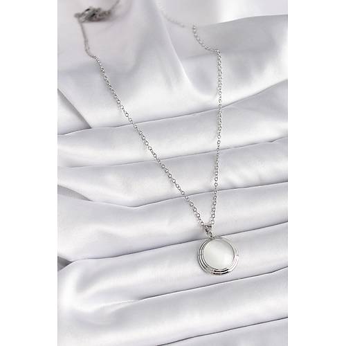 316L �elik G�m�� Renk Beyaz Sedefli Daire Model Kad�n Kolye