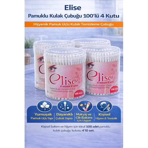 Elise Pamuklu Kulak �ubu�u 100'l� 4 Kutu Toplam 400 Adet Pamuk U�lu Kulak Temizleme �ubu�u