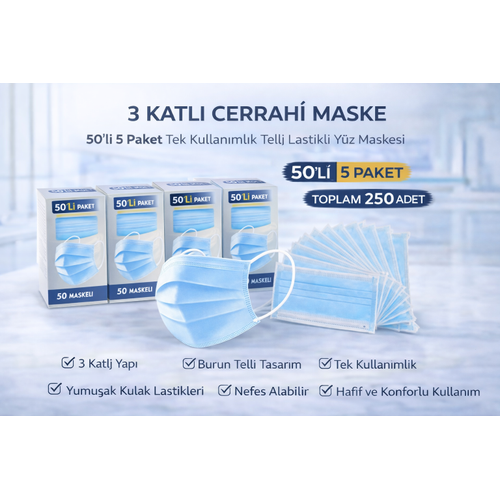 3 Katl� Cerrahi Maske 50'li 5 Paket Tek Kullan�ml�k Telli Lastikli Y�z Maskesi Toplam 250 Adet