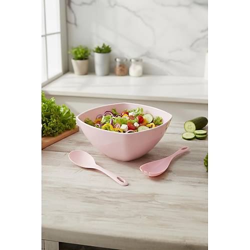3,5 Lt Soft Pembe Akrilik Kare Salata ve Servis Kasesi Seti � 3 Par�a