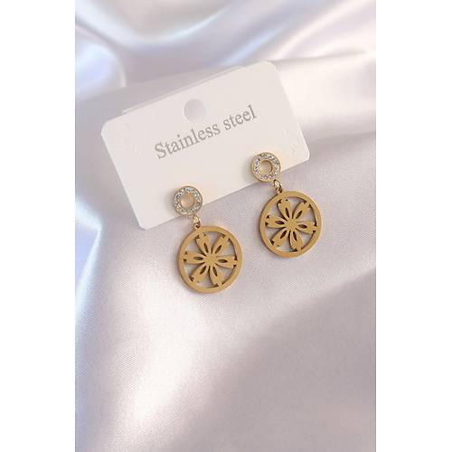 �elik Gold Renk �i�ek Fig�r Zirkon Ta� Detay Kad�n K�pe