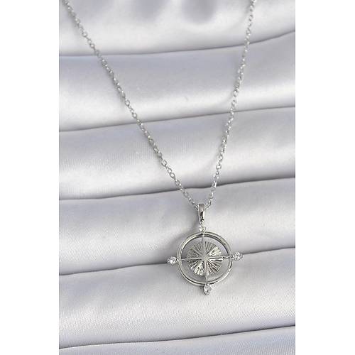 316L �elik G�m�� Renk Zincir Zirkon Ta�l� Pusula Model Kad�n Kolye