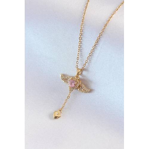 316L �elik Gold Renk Kanatl� Kalp Model Zirkon Ta� Detay Kad�n Kolye