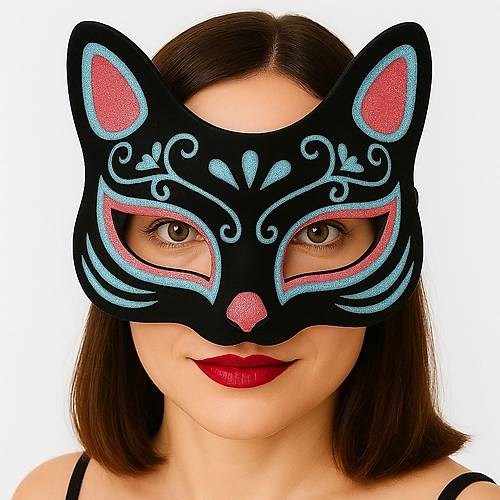 Siyah Renk S�et Kaplama �zeri Mavi K�rm�z� Simli Kedi Maskesi 17x14 cm