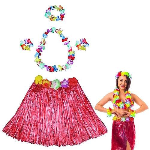Hawaii Dans Kost�m� � K�rm�z� Hula Etek & �i�ek Kolye Seti