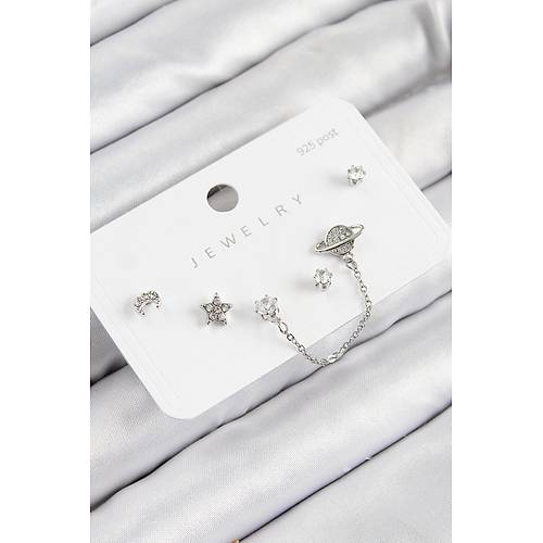 Pirin� Zirkon Ta�l� Y�ld�z Ve Gezegen Model G�m�� Renk 925 Ayar G�m�� �ivi Kad�n K�pe Set