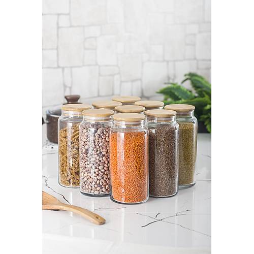 9'lu Bambu Kapakl� Cam Kavanoz & Erzak Saklama Kab� Seti 1.300 ml B�y�k Boy ( Vakum Kapak )