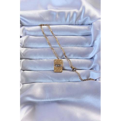 316L Alt�n Renk ��lemeli Nazarl� Vintage Kolye