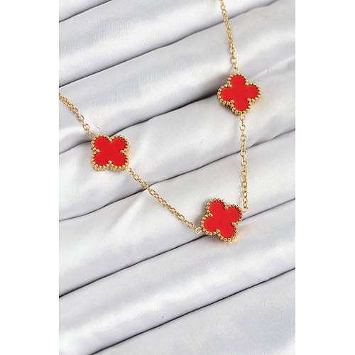 316L �elik Zincir Gold K�rm�z� Renk Yonca Kad�n Kolye