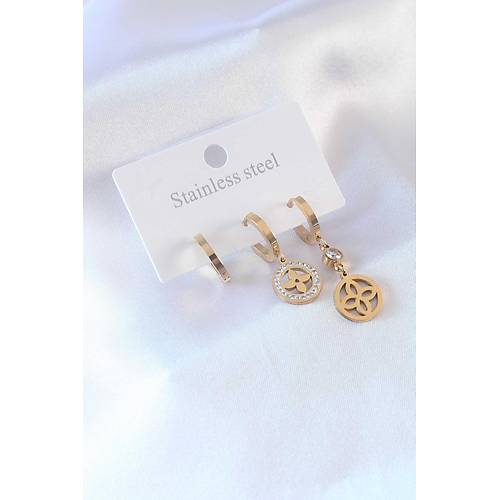 316L �elik Gold Renk �i�ek Model Zirkon Ta�l� Kad�n K�pe