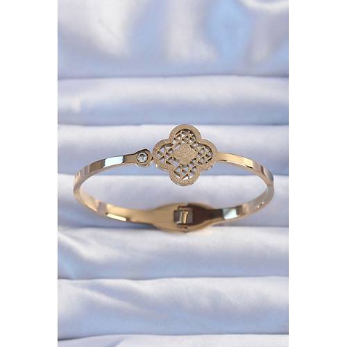 316L �elik Alt�n Renk Zirkon Ta�l� Simli Yonca Kelep�e
