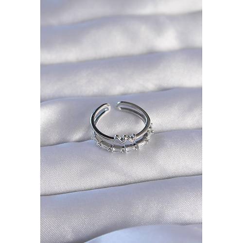 Pirin� G�m�� Renk Zirkon Ta�l� Kalpli 2li G�r�n�m Ayarlanabilir Y�z�k