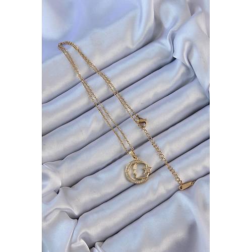 316L �elik Zincir Alt�n Renk Zirkon Ta�l� Ay Y�ld�z Simgeli Atat�rk Kolye