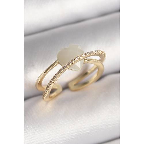 Pirin� Gold Renk Beyaz Kristal Kalp Model Zirkon Ta� Detay Kad�n Y�z�k