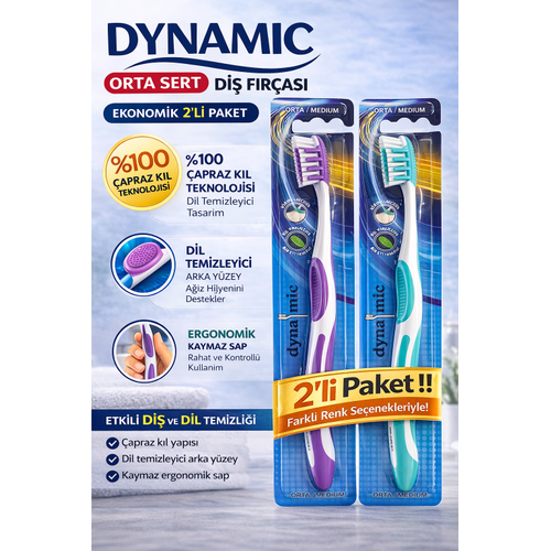Dynamic Orta Sert Di� F�r�as� 2 Adet Medium �apraz K�l Teknolojili Dil Temizleyicili Ergonomik Sapl� Di� F�r�as�