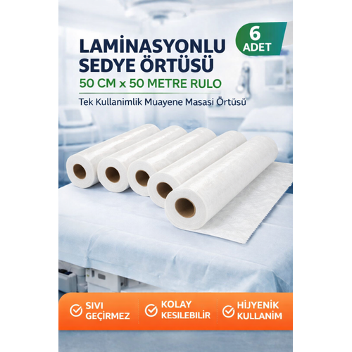 Laminasyonlu Sedye �rt�s� 50 cm x 50 Metre Rulo Tek Kullan�ml�k Muayene Masas� �rt�s� 6 Adet