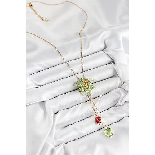 VIP Pirin� Zirkon Ta�l� �i�ek Model Gold Renk Asans�rl� Kad�n Kolye