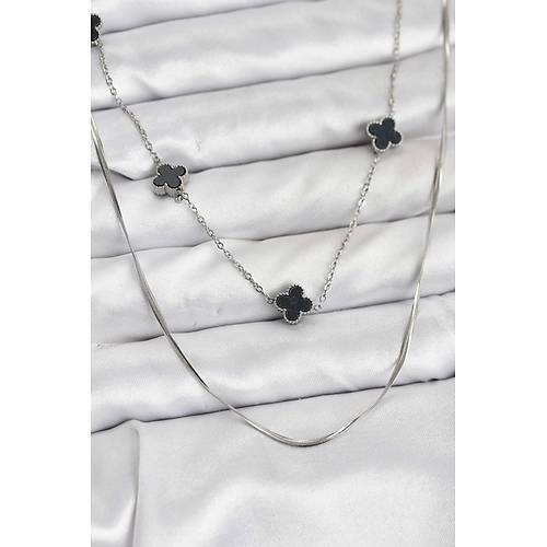316L �elik Zincir G�m�� Renk �talyan Zincirli Siyah Yonca Model Kad�n Kolye